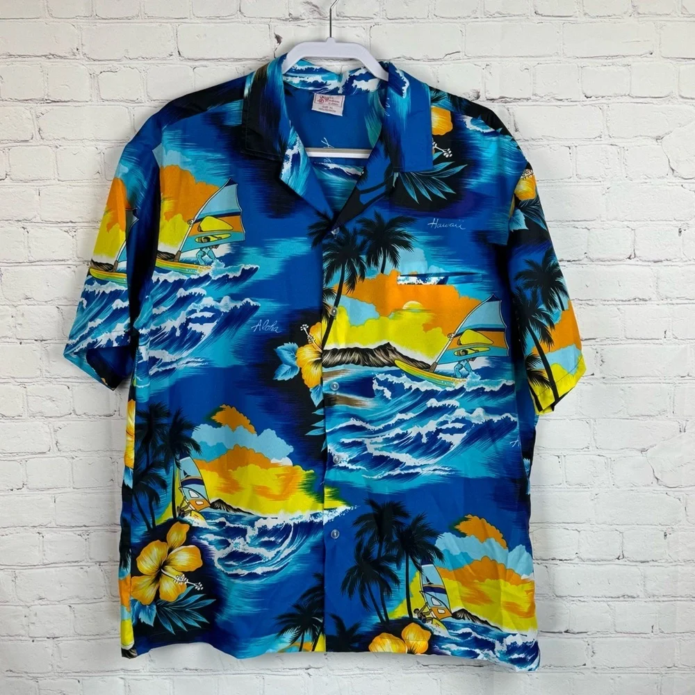 Kalena Vintage Vibrant Blue and Yellow Hawaiian Surf Button Down Shirt XL - Picture 1 of 6